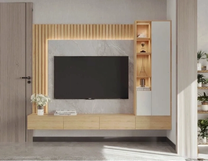 Kệ tivi treo tường hiện đại SIB Decor cho phòng khách với thiết kế bo cong tinh tế