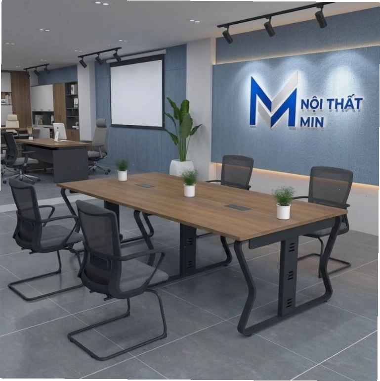 Không gian phòng họp hiện đại với bàn họp gỗ công nghiệp và ghế xoay tiện lợi
