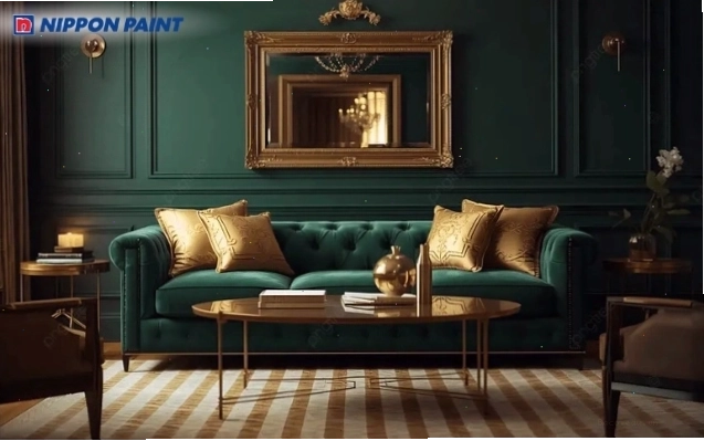 Không gian phòng khách sơn xanh lá kết hợp chi tiết vàng ánh kim tạo điểm nhấn sang trọng