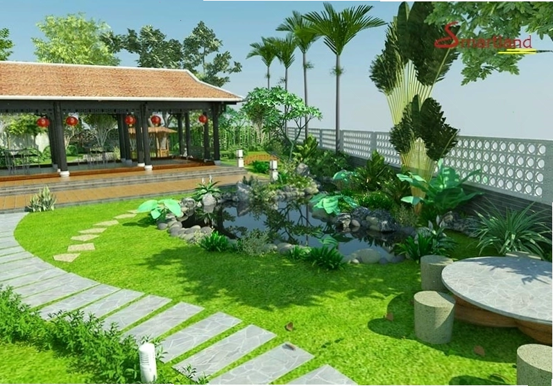 Khu vườn nhỏ xinh với nhiều chậu cây và hoa, phù hợp với không gian nhà cấp 4