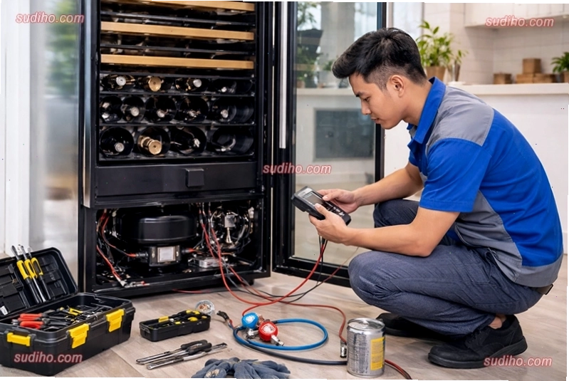 Kỹ thuật viên đang kiểm tra hệ thống làm lạnh bên trong tủ rượu vang