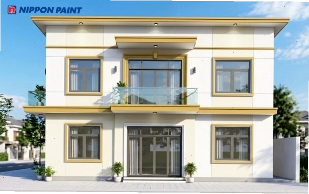 Mặt tiền nhà phố 3 tầng sơn màu trắng Sparkling Dew, điểm xuyết Polk Gold mang lại cảm giác ấm áp và tươi mới