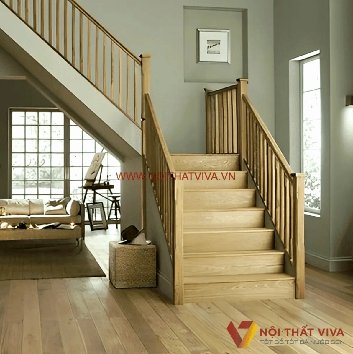 Mẫu bậc cầu thang gỗ kết hợp tay vịn gỗ, tạo sự đồng bộ và hài hòa