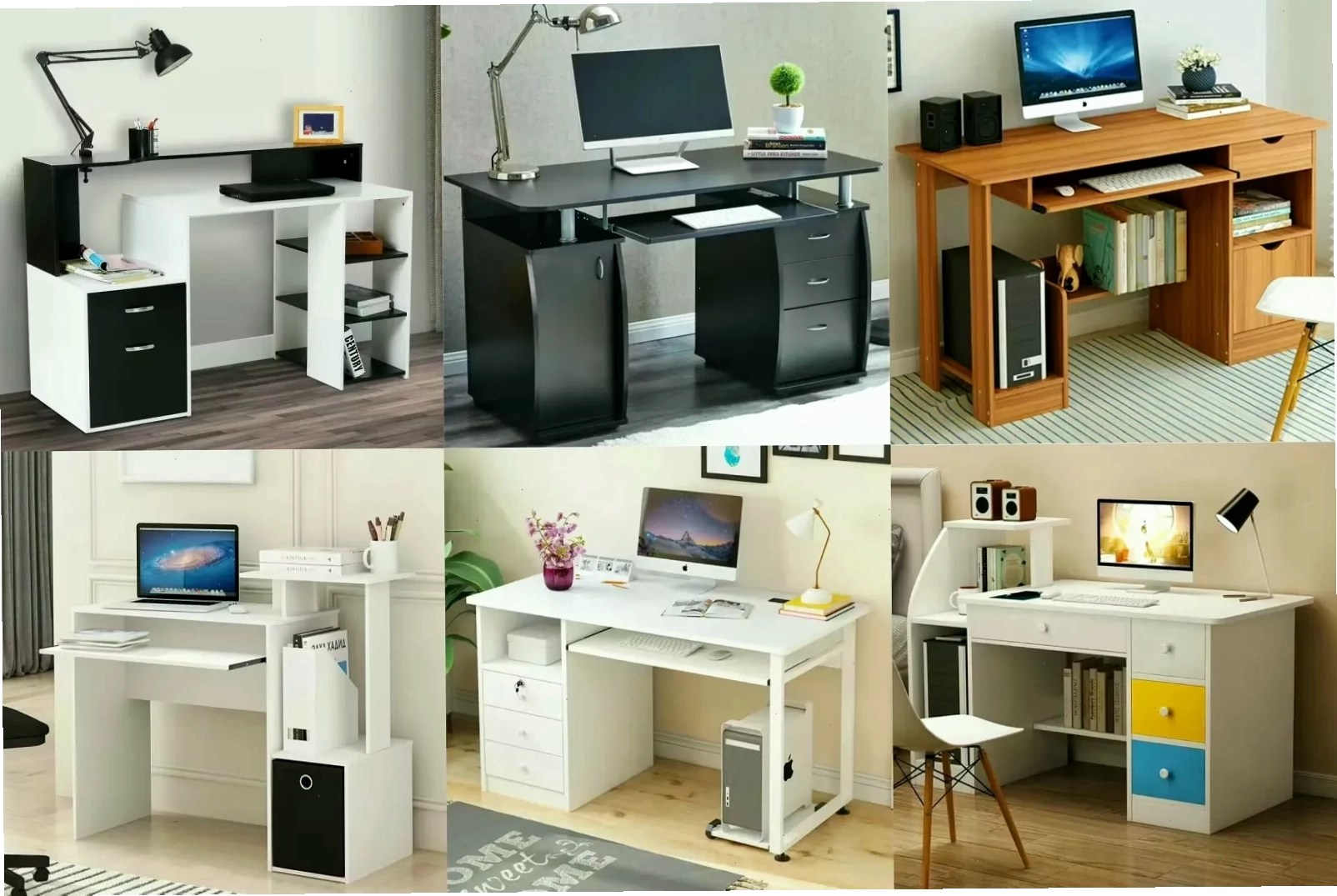 Mẫu bàn làm việc gỗ thiết kế hiện đại, tích hợp kệ sách và ngăn kéo