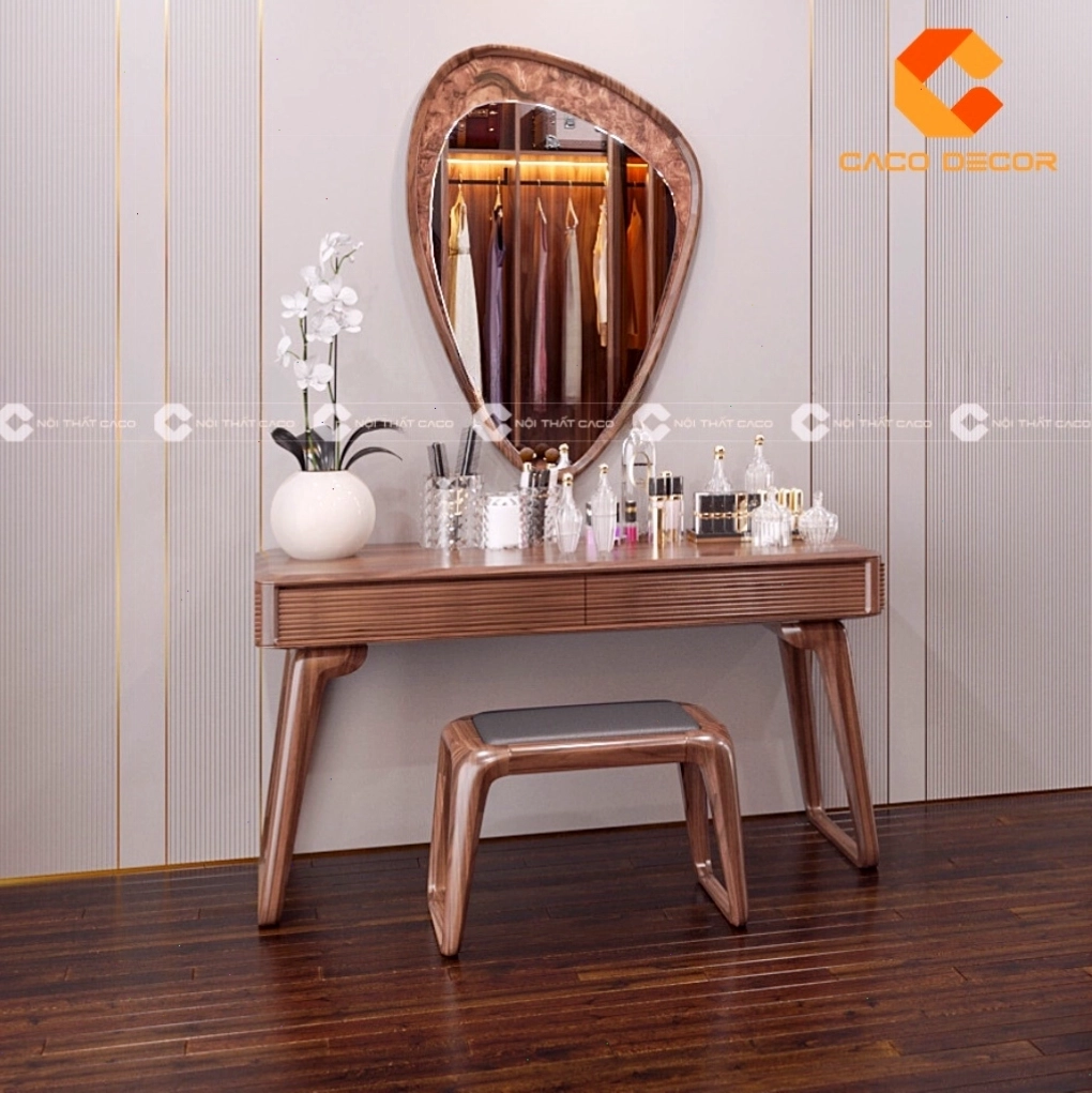 Mẫu bàn trang điểm gỗ óc chó có đôn đi kèm tiện lợi