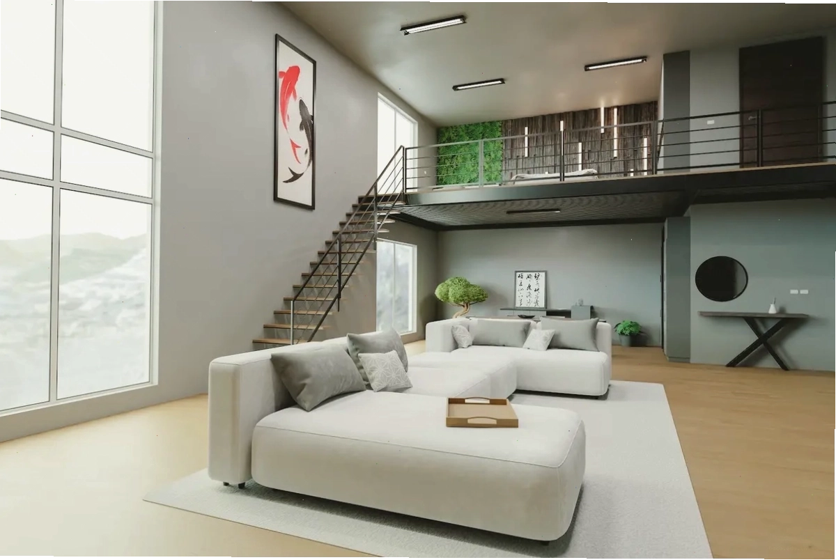Mẫu bố trí công năng nhà cấp 4 gác lửng thông tầng tạo cảm giác rộng rãi
