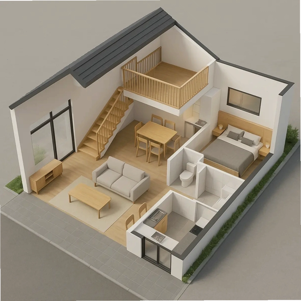 Mẫu bố trí công năng nhà cấp 4 gác lửng thông tầng tạo sự kết nối không gian