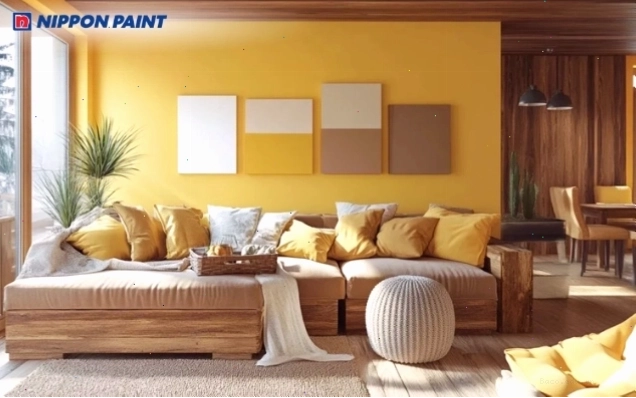 Màu nâu gỗ kết hợp vàng chanh tạo không gian ấm áp, mộc mạc và gần gũi thiên nhiên