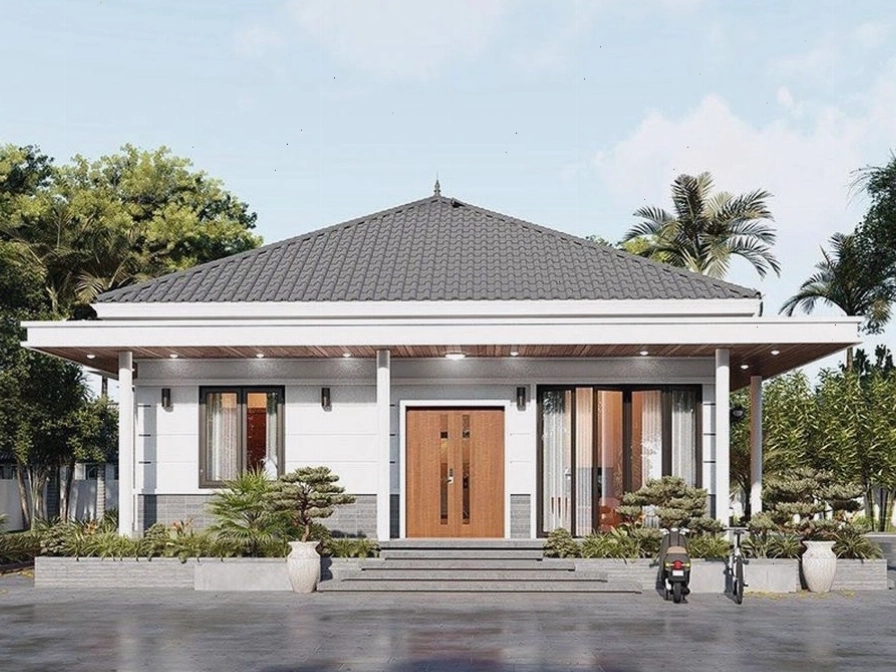 Mẫu nhà biệt thự mái Nhật 1 tầng kiểu mái dốc với tone màu nâu nền nã nhấn điểm