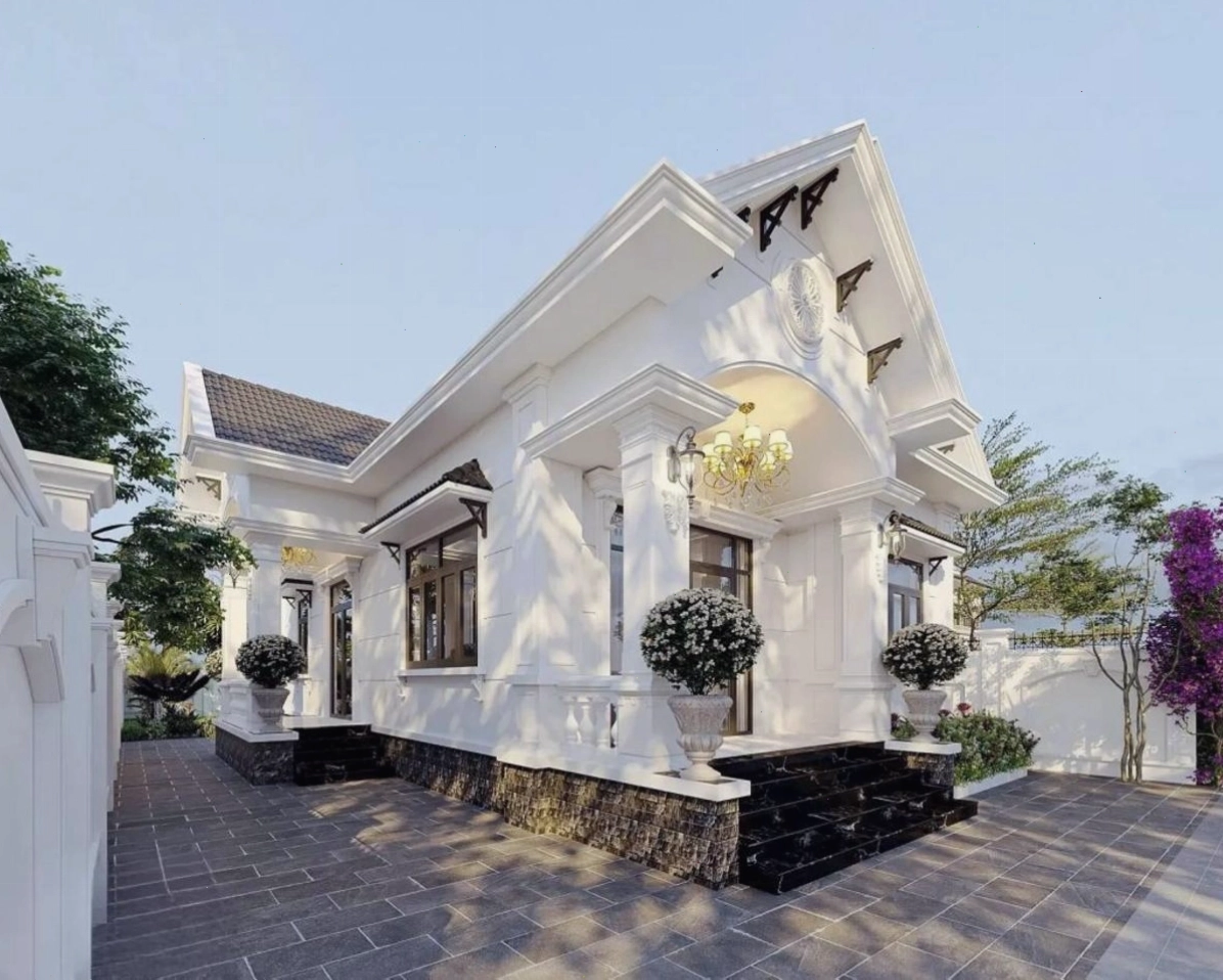 Mẫu nhà cấp 4 mái thái tân cổ điển kết hợp sân vườn hài hòa với thiên nhiên