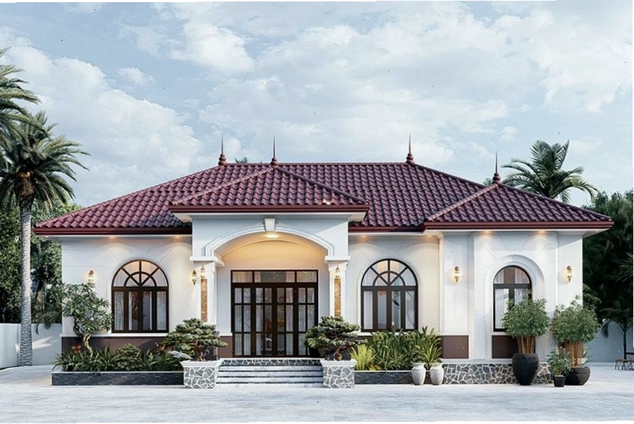 Mẫu thiết kế nhà mái Nhật 1 tầng sang trọng, tinh tế với sự hài hòa trong bố cục hình khối, màu sắc
