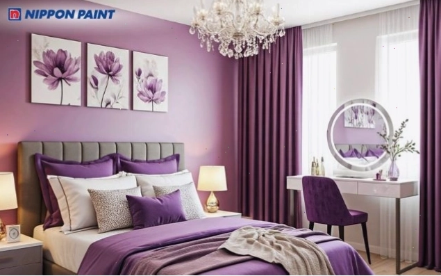 Màu tím kết hợp với chất liệu nỉ mang đến cảm giác sang trọng, đẳng cấp cho phòng ngủ