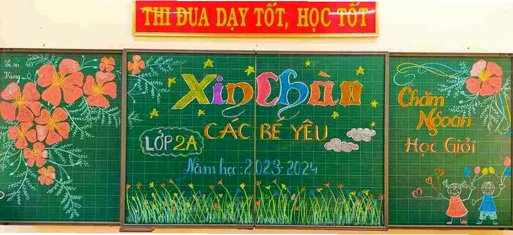 Mẫu trang trí bảng lớp tiểu học với chủ đề năm học mới