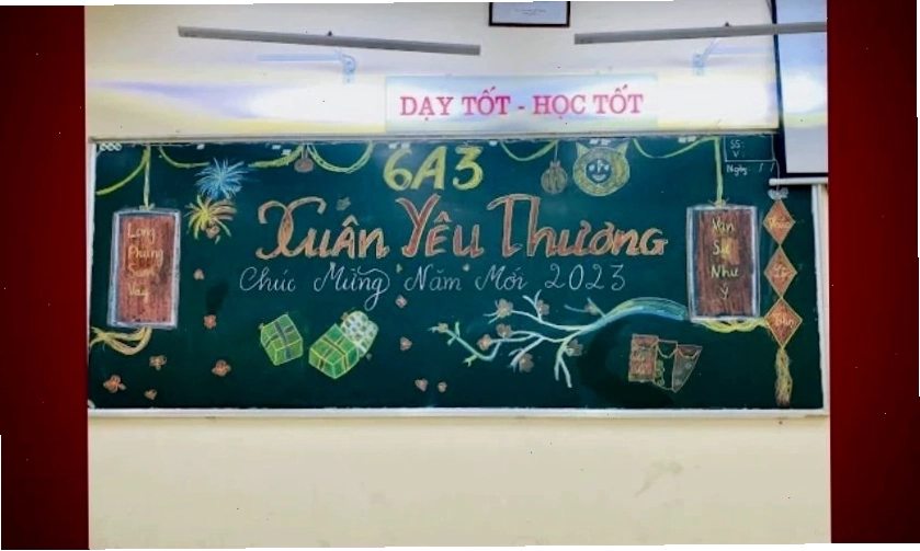 Mẫu trang trí bảng Tết 2026 chủ đề câu đối đỏ, mang đến không khí trang trọng