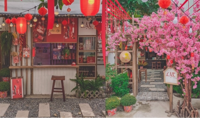 Mẫu trang trí Tết quán cafe với tông màu đỏ và vàng chủ đạo