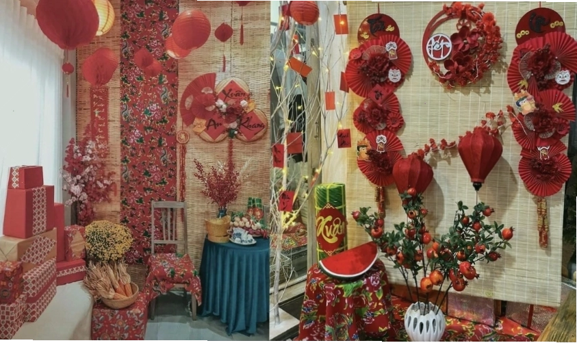Mẫu trang trí Tết với tông màu hồng và đỏ, kết hợp hoa và phụ kiện