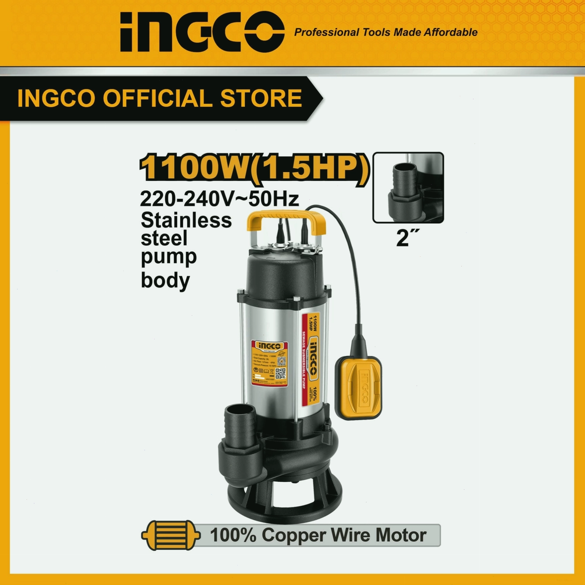 Máy bơm chìm nước thải INGCO SPDS110068 vỏ inox 1100W (1.5HP)