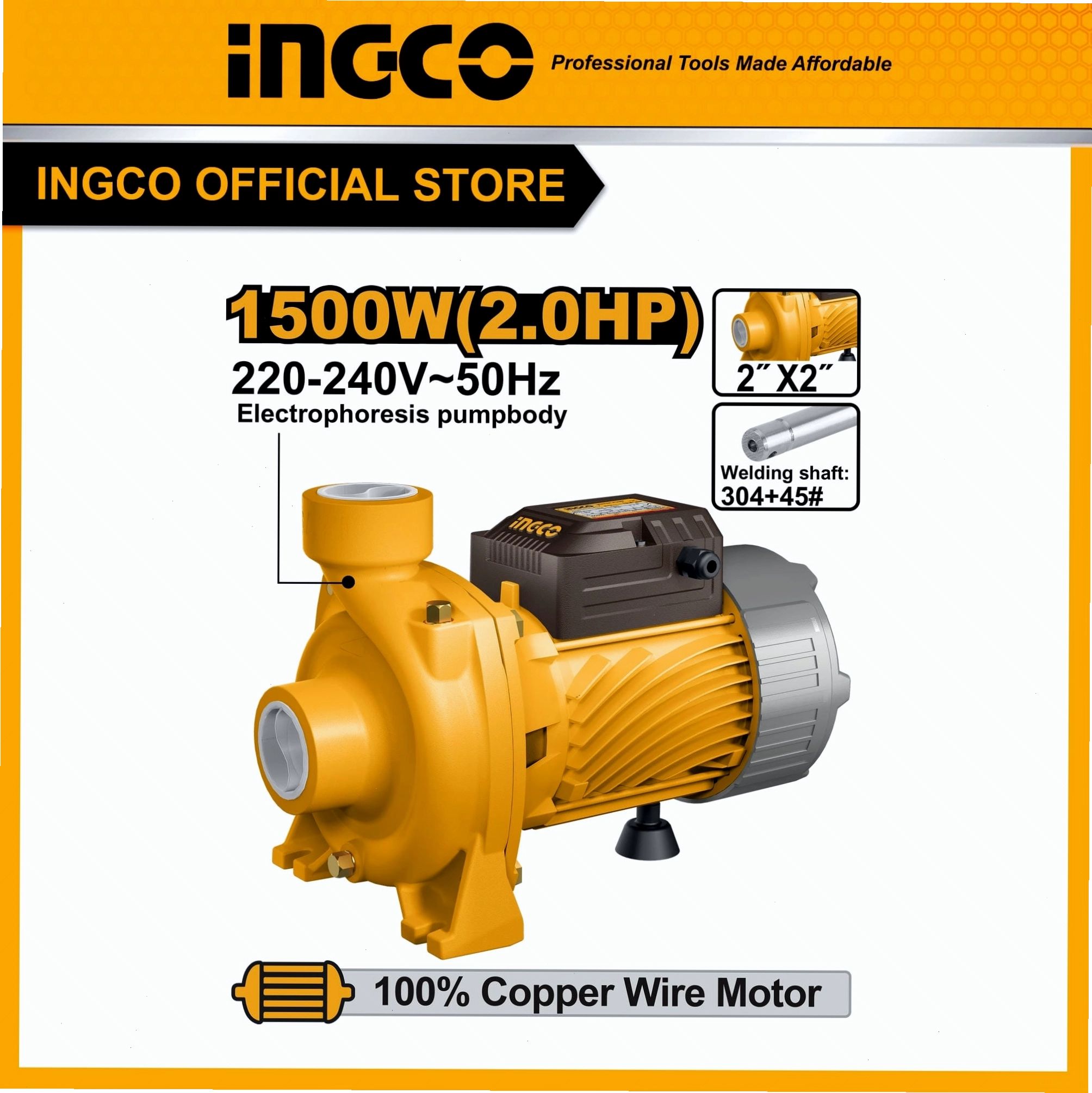 Máy bơm nước ly tâm INGCO MHF150068 1500W, 2HP lưu lượng 500L/phút