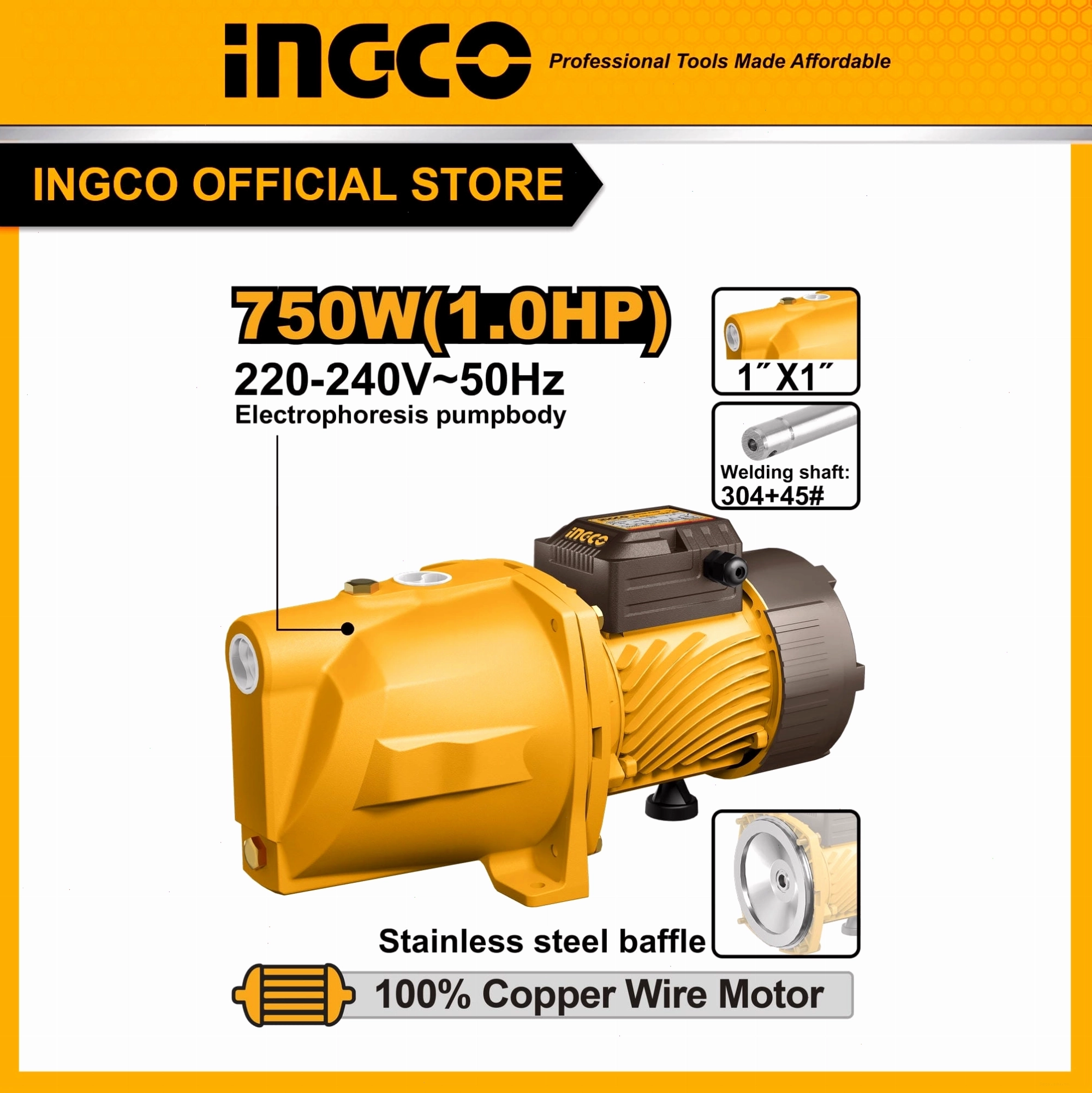 Máy bơm nước phản lực INGCO JP075068 750W, 1HP lưu lượng 55L/phút
