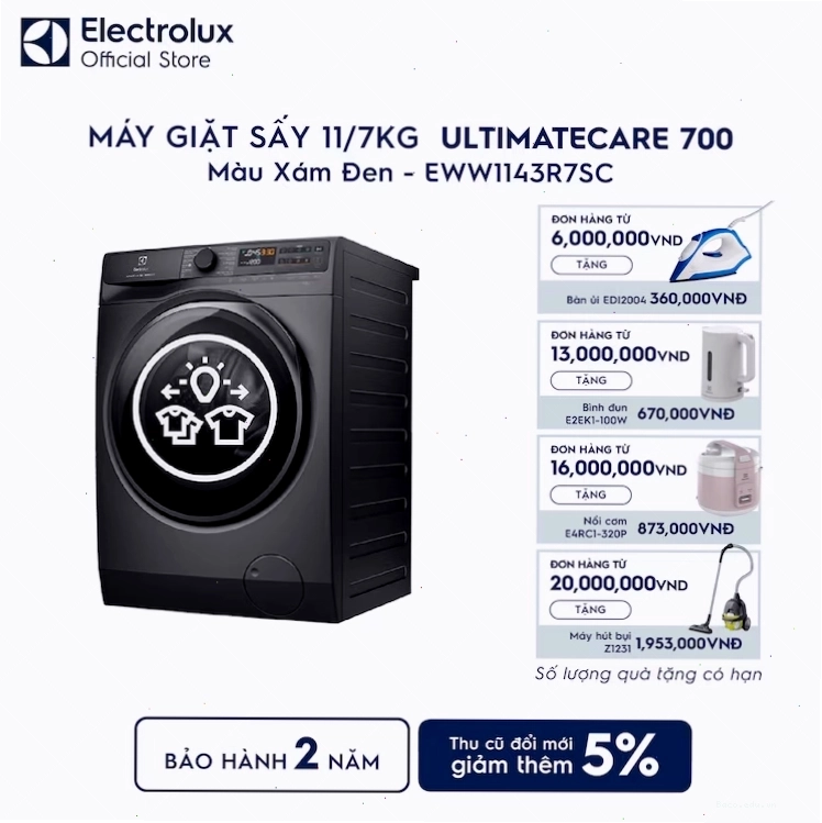 Máy giặt sấy Electrolux EWW1143R7SC với thiết kế hiện đại, giặt 11kg và sấy 7kg