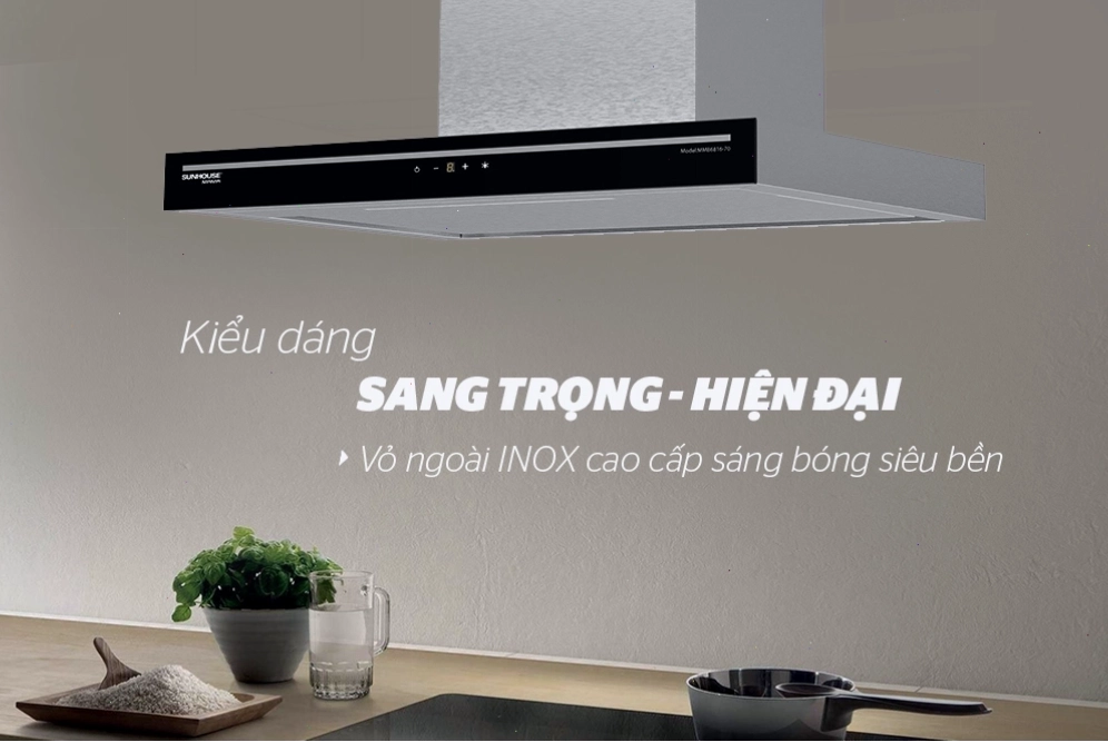 Máy hút mùi Sunhouse với thiết kế sang trọng, hiện đại phù hợp mọi không gian bếp