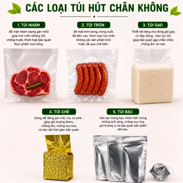Minh họa các loại túi có thể sử dụng với máy hút chân không không kén túi