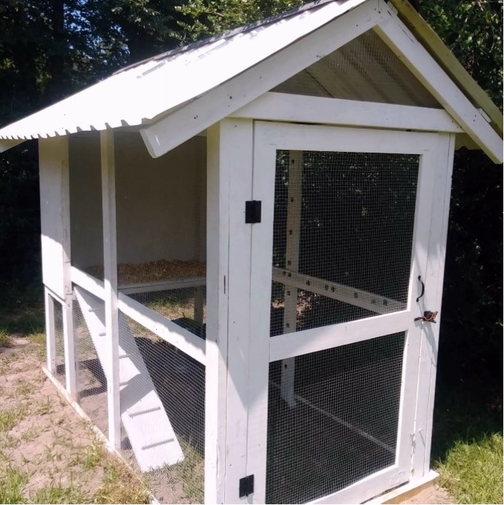 Một mẫu chuồng gà DIY đơn giản, làm từ vật liệu tái chế, có cửa sổ thông thoáng và mái che
