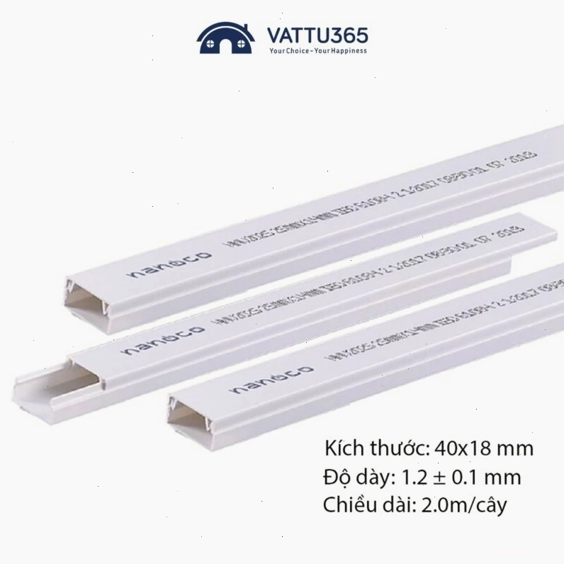 Nẹp luồn dây điện Nanoco dạng vuông, màu trắng, kích thước 40x18mm, dài 2m.