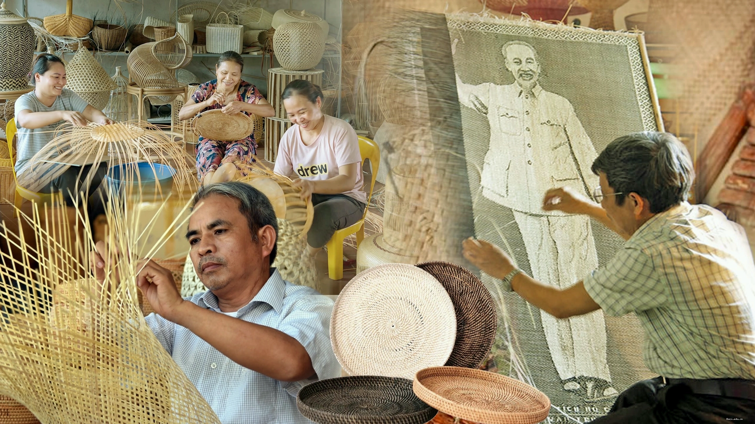 Nghệ nhân đang thực hiện đan lát thủ công với mây tre