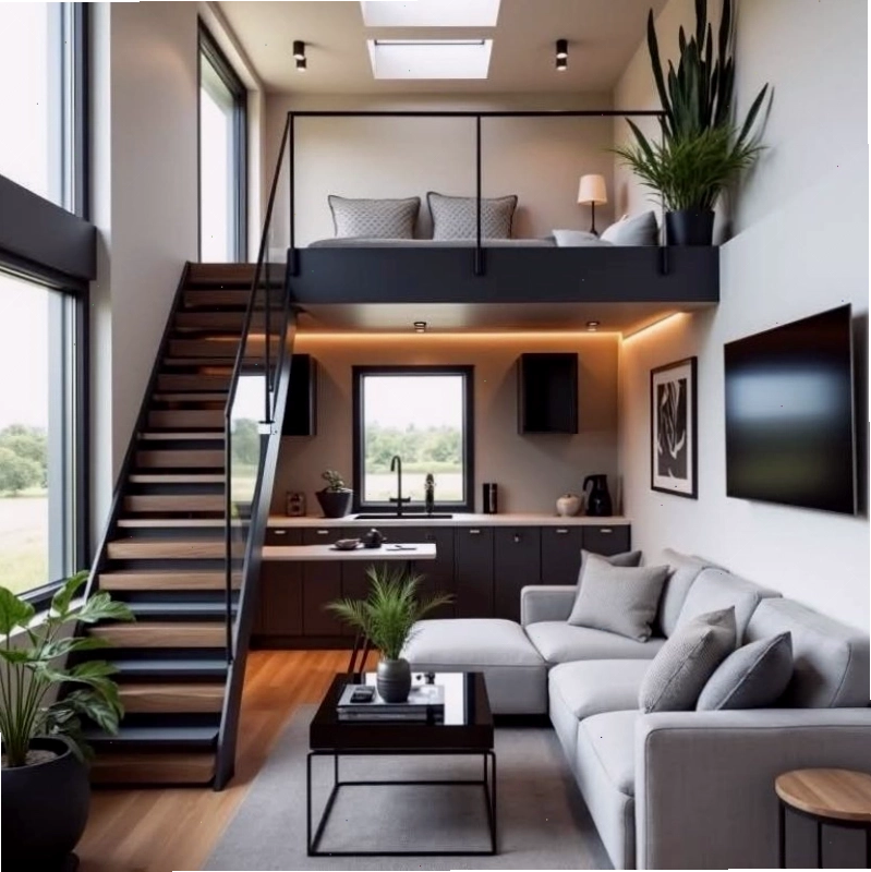 Nhà gác lửng 1 phòng ngủ với tông màu tối