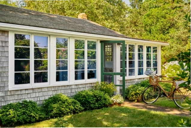 Nhà gỗ kiểu cape cod với cửa màu xanh và xe đạp đỗ phía trước