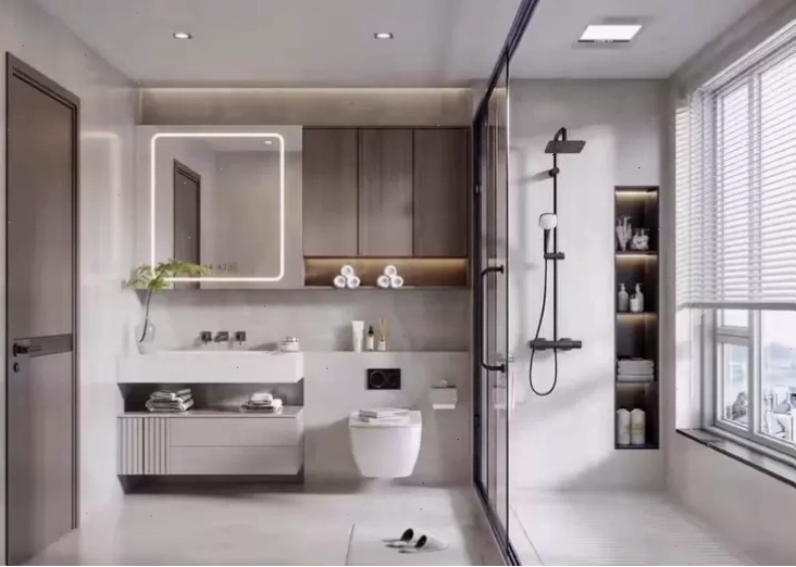 Nhà vệ sinh hiện đại tông trắng ngà, mang lại cảm giác sạch sẽ và tinh tế