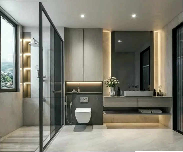Nhà vệ sinh hiện đại tông xám đen, tạo vẻ đẹp sang trọng và nam tính
