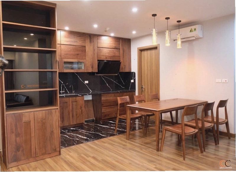 Nội thất phòng bếp gỗ óc chó ấm cúng