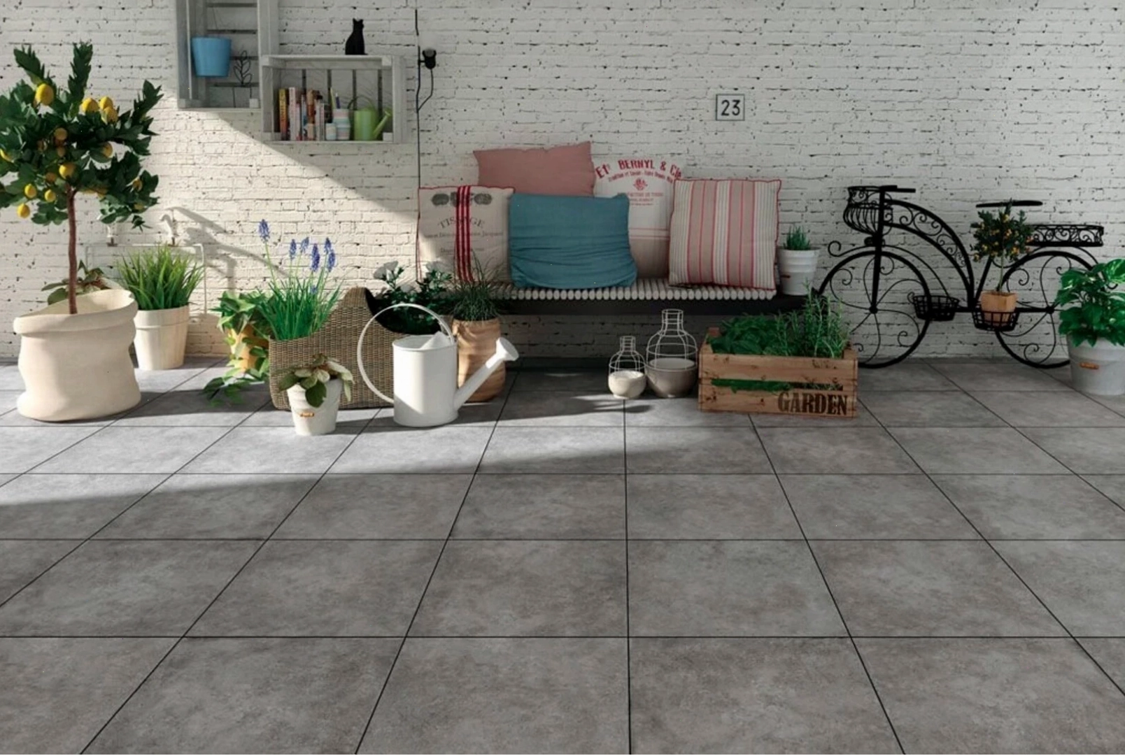 Ốp chân tường khu vực sân thượng bằng gạch thẻ là một ý tưởng thú vị và độc đáo