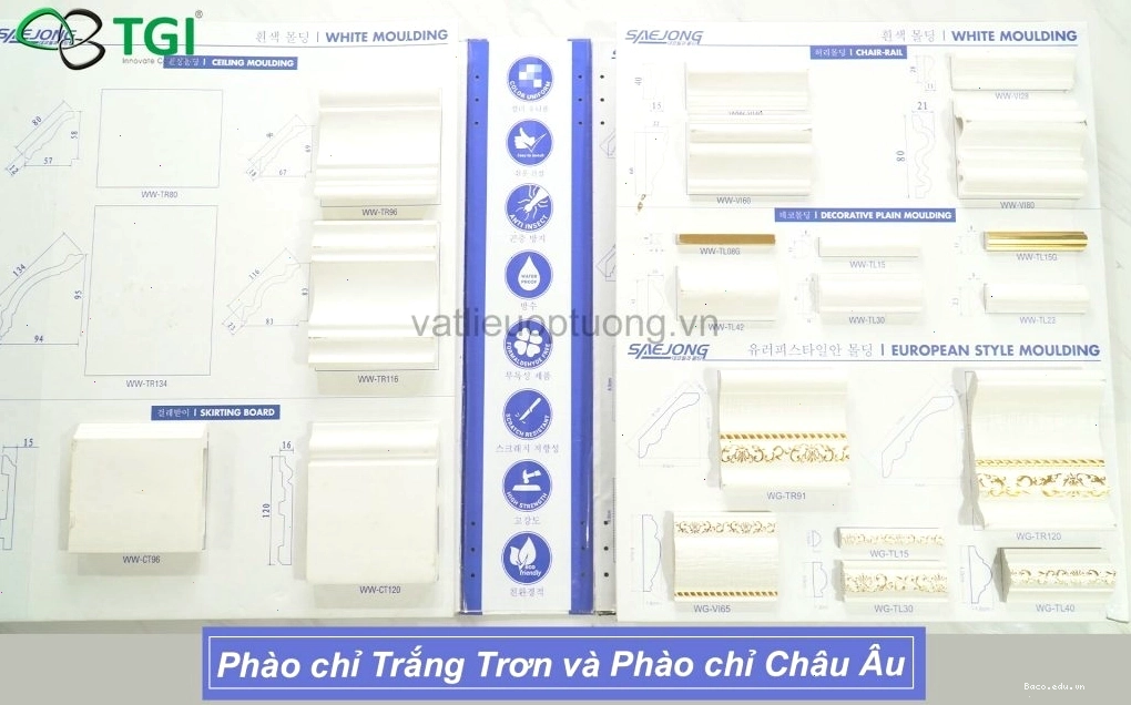Phào chỉ trắng trơn và Châu Âu 01: Các mẫu phào chỉ PU cao cấp