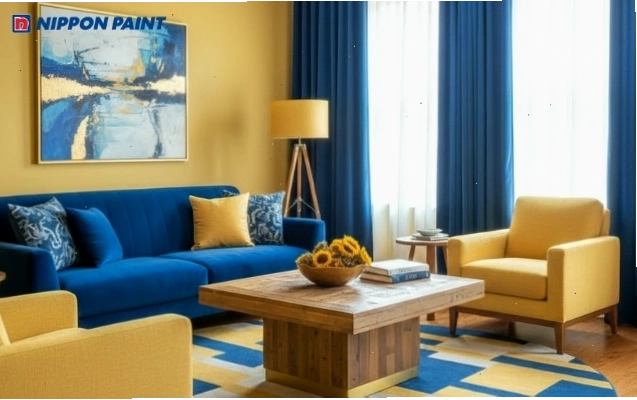 Phối màu xanh lam và vàng giúp căn phòng thêm phần ấm cúng