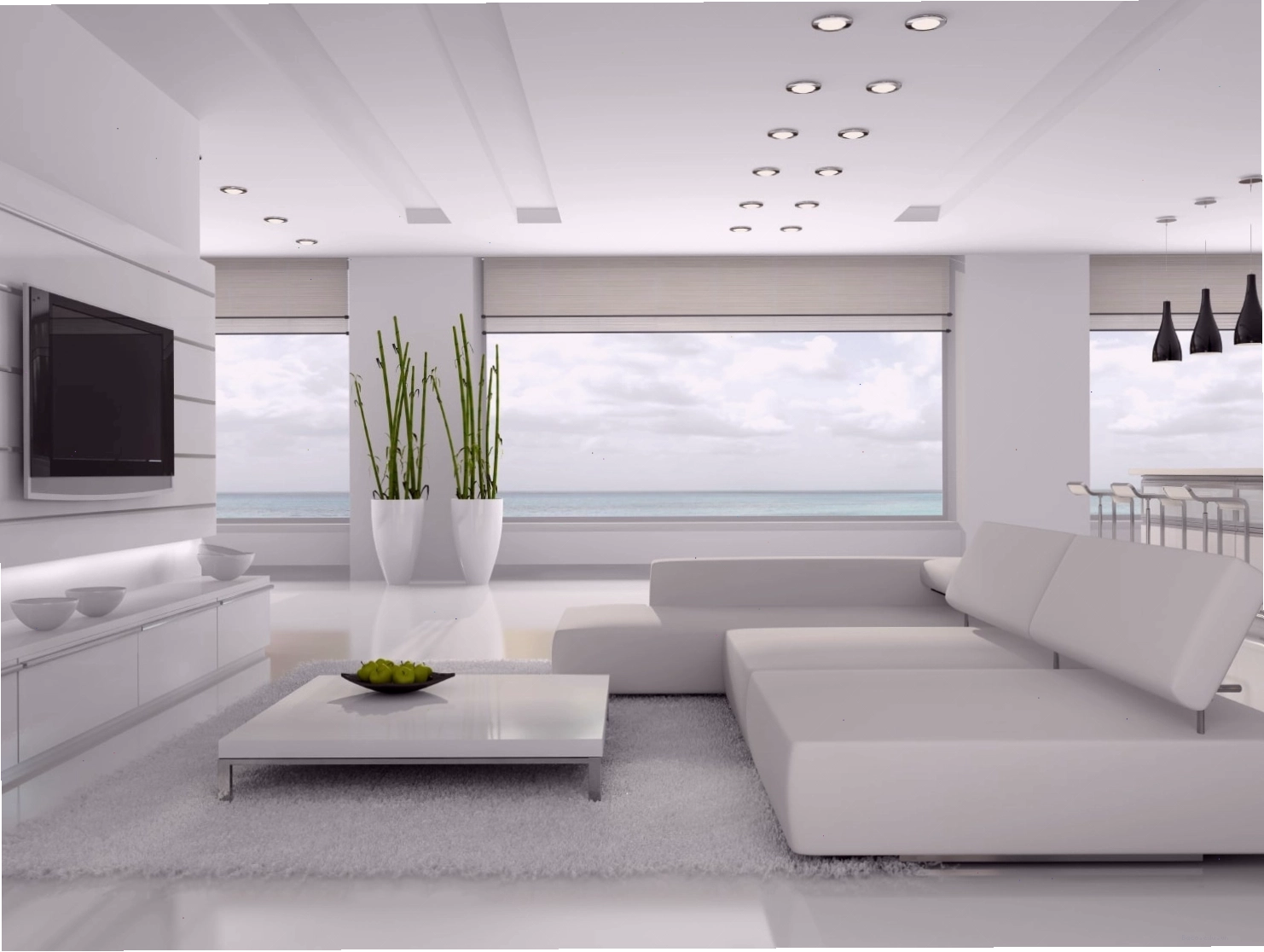 Phòng khách hiện đại với gam màu trắng chủ đạo, tuân thủ các quy tắc Feng Shui