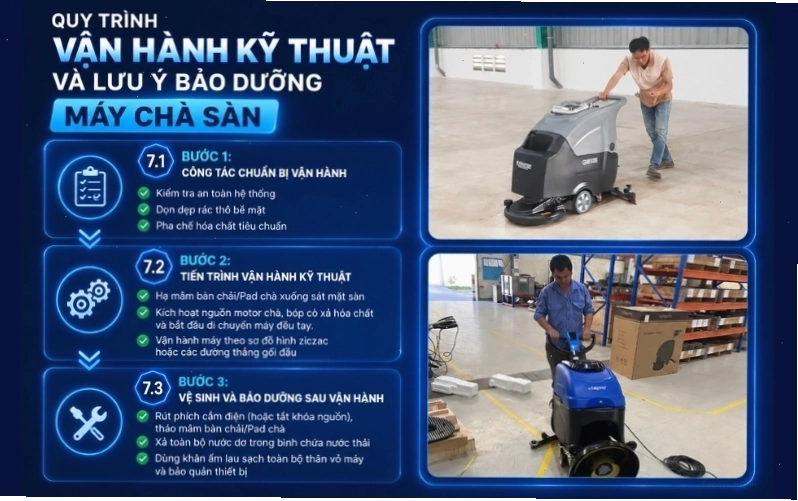Quy trình vận hành kỹ thuật và lưu ý bảo dưỡng máy chà sàn