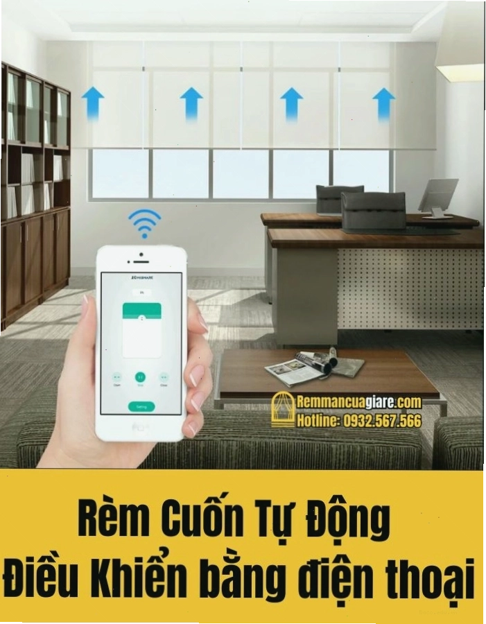 Rèm cuốn tự động điều khiển bằng điện thoại, tích hợp công nghệ thông minh.