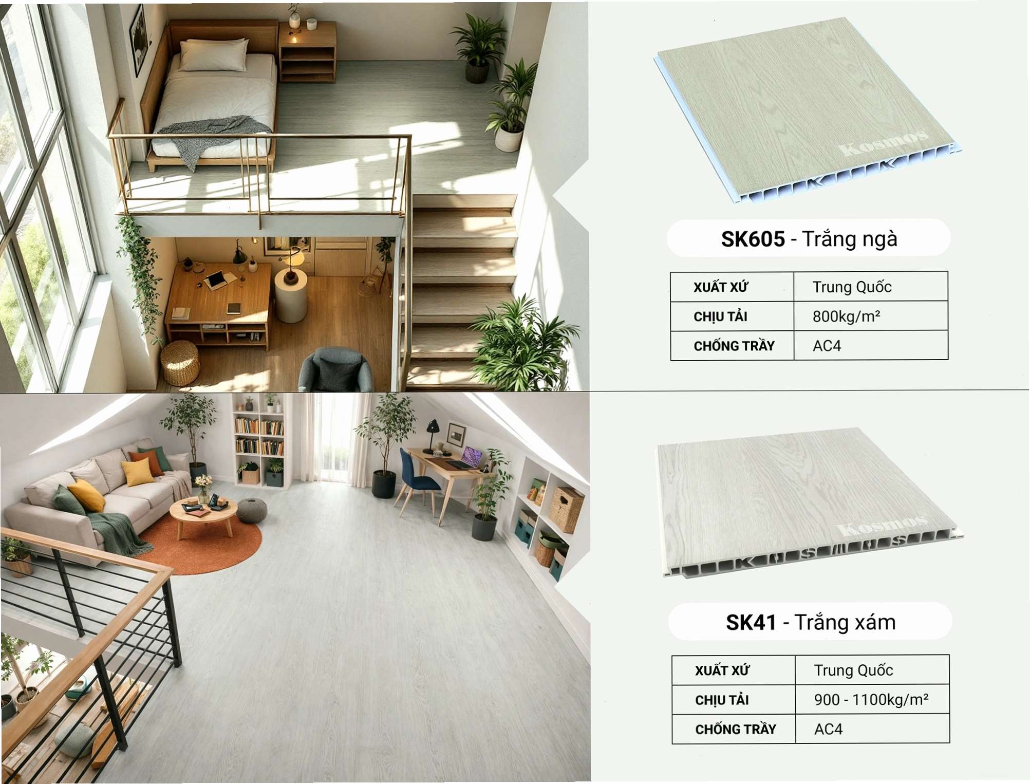 Sàn nhựa chịu lực màu trắng ngà mang lại vẻ đẹp sang trọng