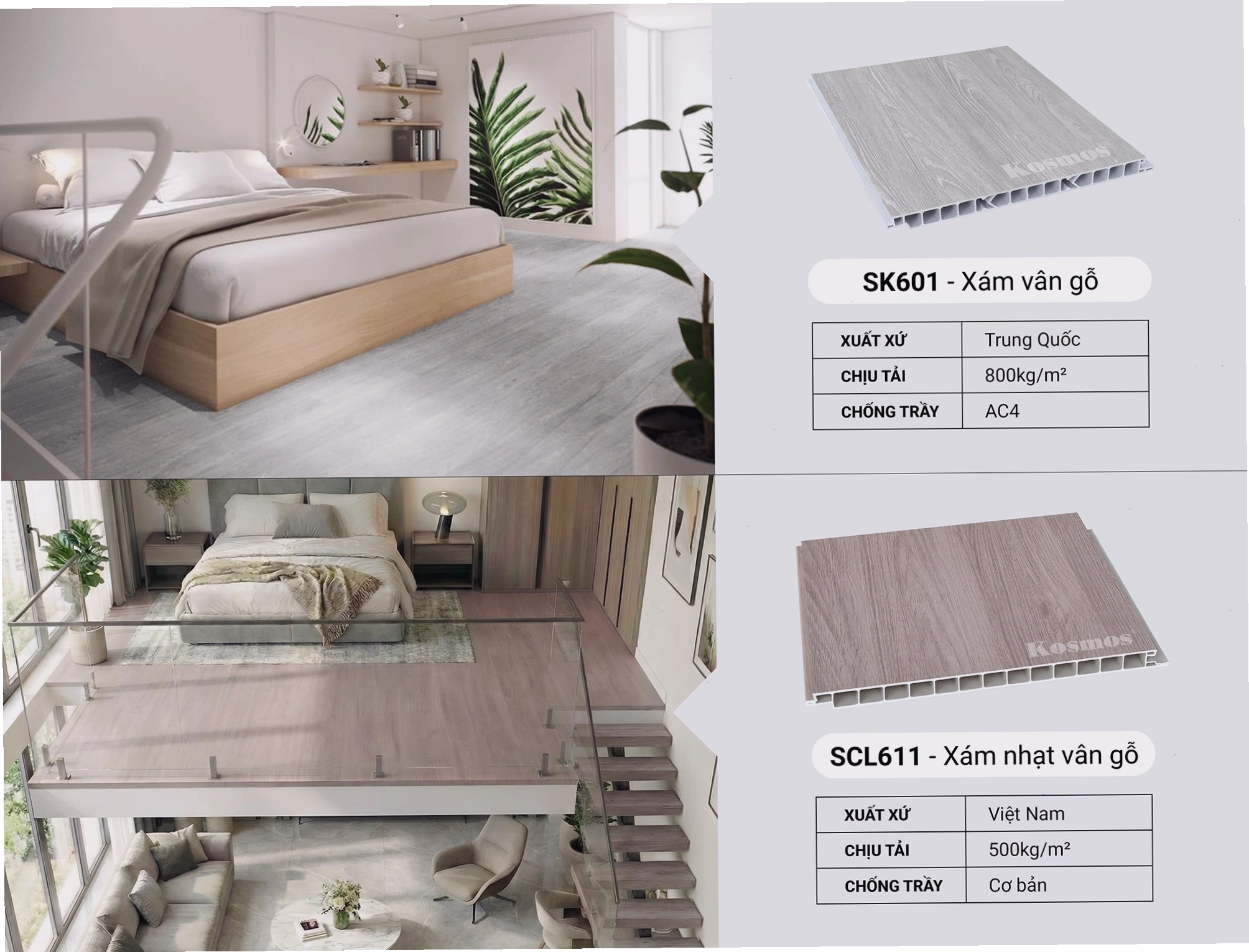 Sàn nhựa chịu lực màu xám vân gỗ hiện đại và sang trọng