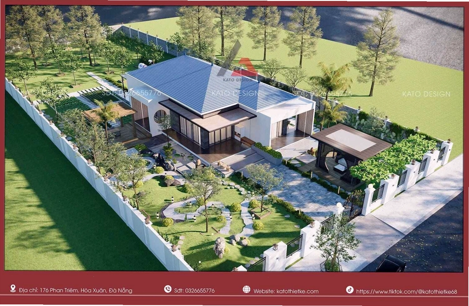 Sân vườn bao quanh nhà cấp 4 mái Nhật với cây xanh, tiểu cảnh nước tạo không gian thư thái