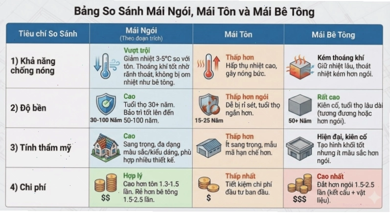 So sánh chi phí giữa mái ngói và mái tôn