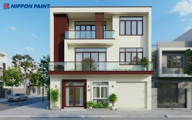 Sơn mặt tiền nhà màu trắng kem 3 tầng kết hợp màu cumberland