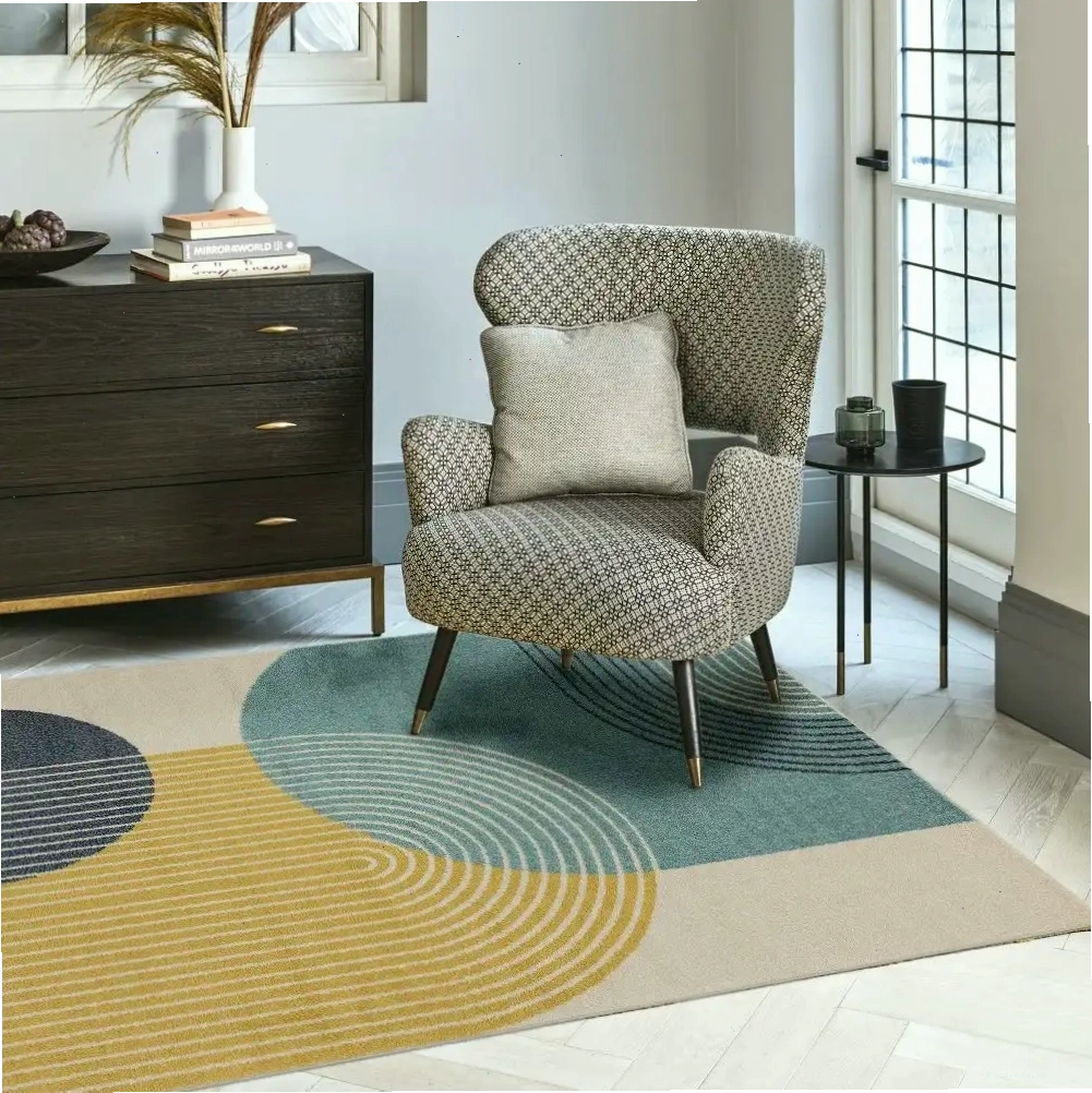 Thảm Muse MU15 Blue Retro Rug với họa tiết retro màu xanh lam, tạo điểm nhấn cá tính cho phòng khách
