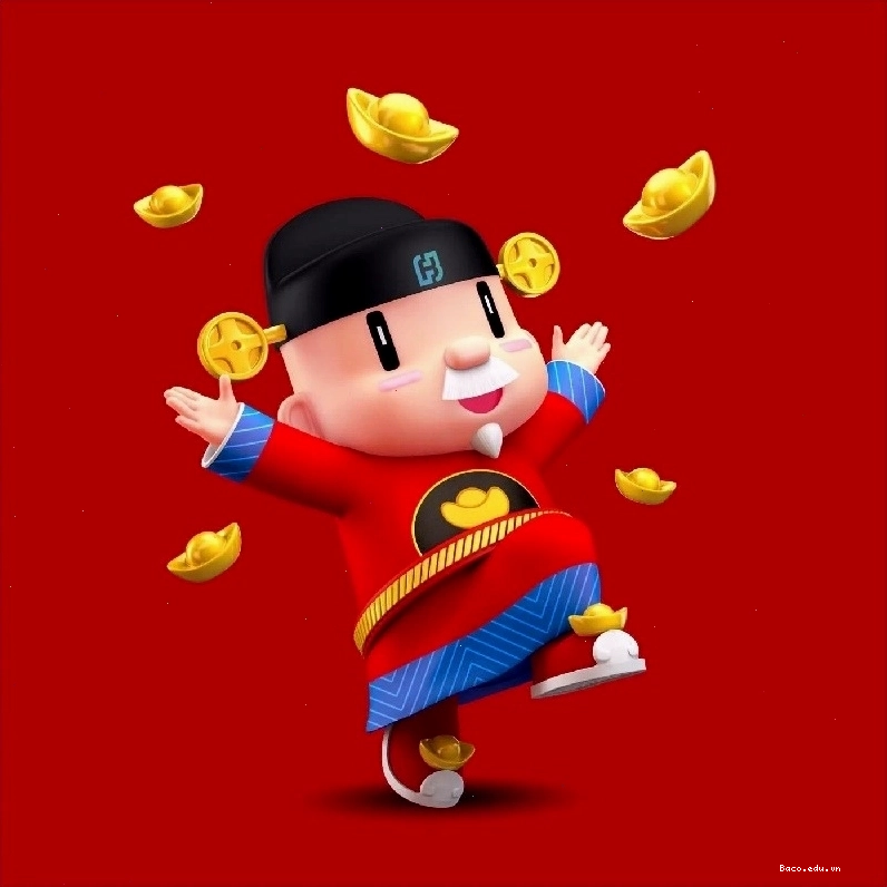 Thần Tài với trang phục truyền thống, tay ôm thỏi vàng lớn