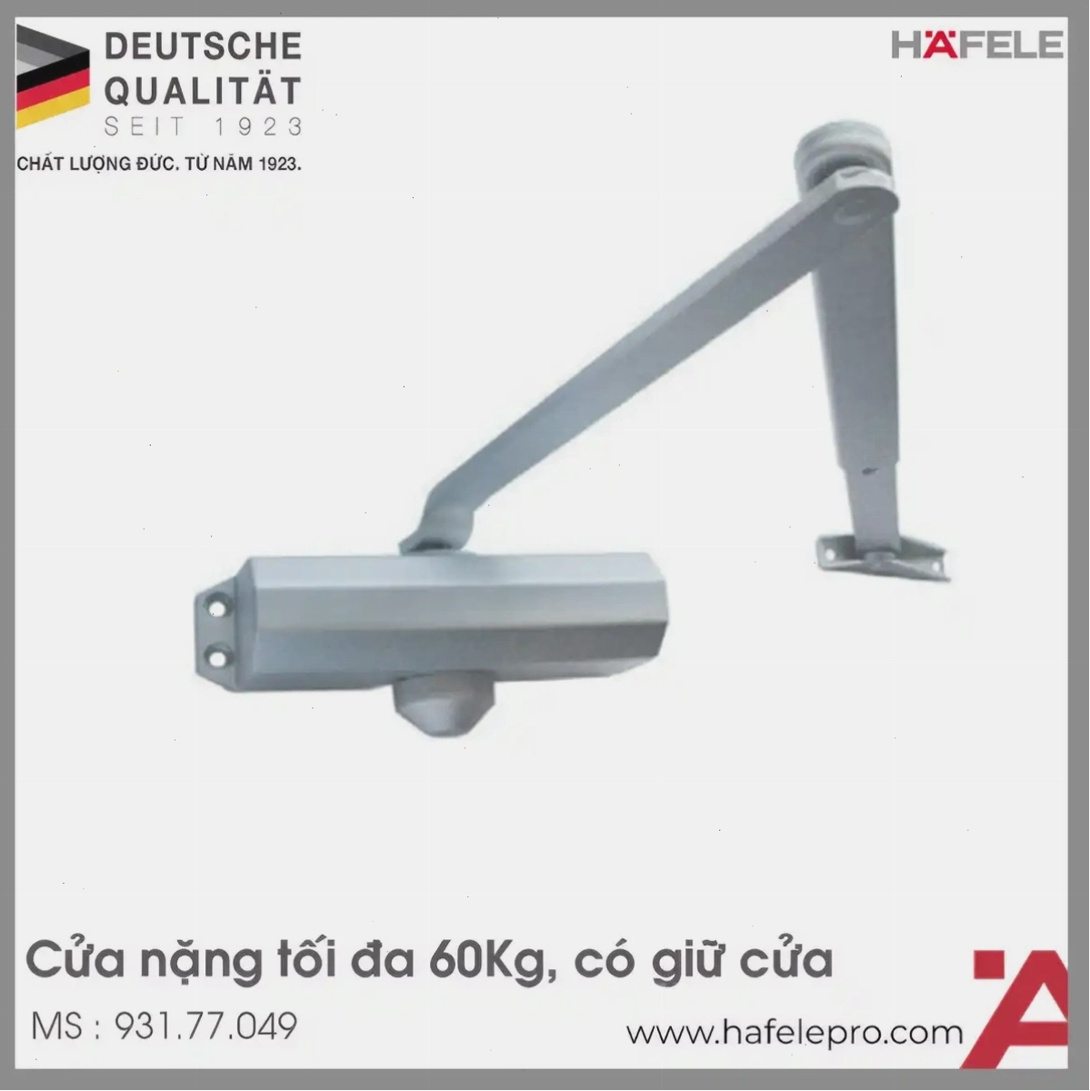 Thiết bị đóng cửa tự động 60kg EN3 Hafele 931.77.049, hoạt động êm ái và bền bỉ
