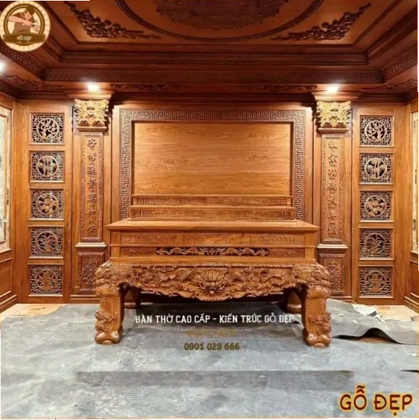 Thiết kế phòng thờ, vách ngăn bàn thờ biệt thự nhà vườn tại Nghệ An