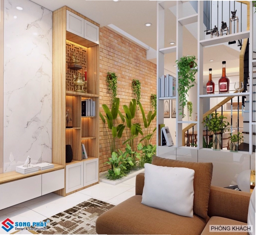 Tiểu cảnh kết hợp giếng trời nằm giữa khu vực phòng khách và bếp ăn.